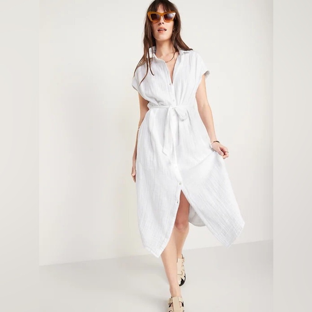 Old Navy Short-Sleeve Waist-Defined Striped Midi Shirt Dress‎